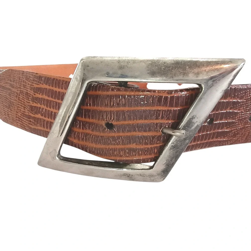 Catherine Delaunay Leather Belt Brown Lizard Embossed USA Medium‎ Vintage 90s